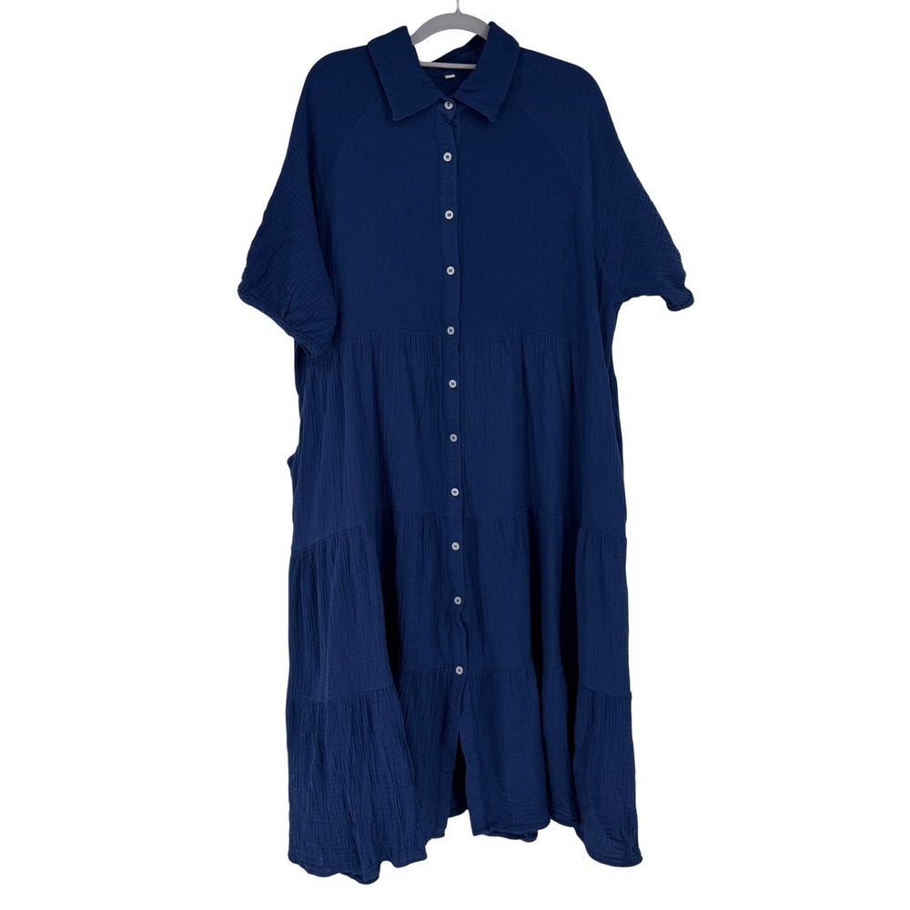 Blue Cotton Double Gauze Tiered Maxi Shirt Dress XXL Raglan Sleeve Overized